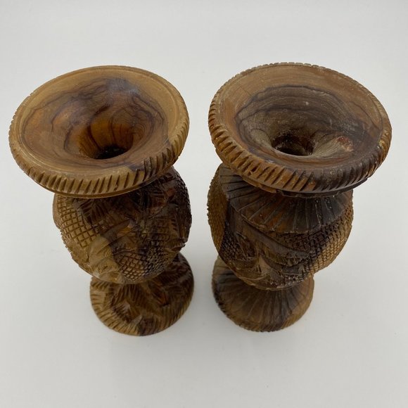 Lot of 2 Vintage Hand Carved Olive Wood Vase Camel Palm Tree Animal Plant Israel - Picture 6 of 9